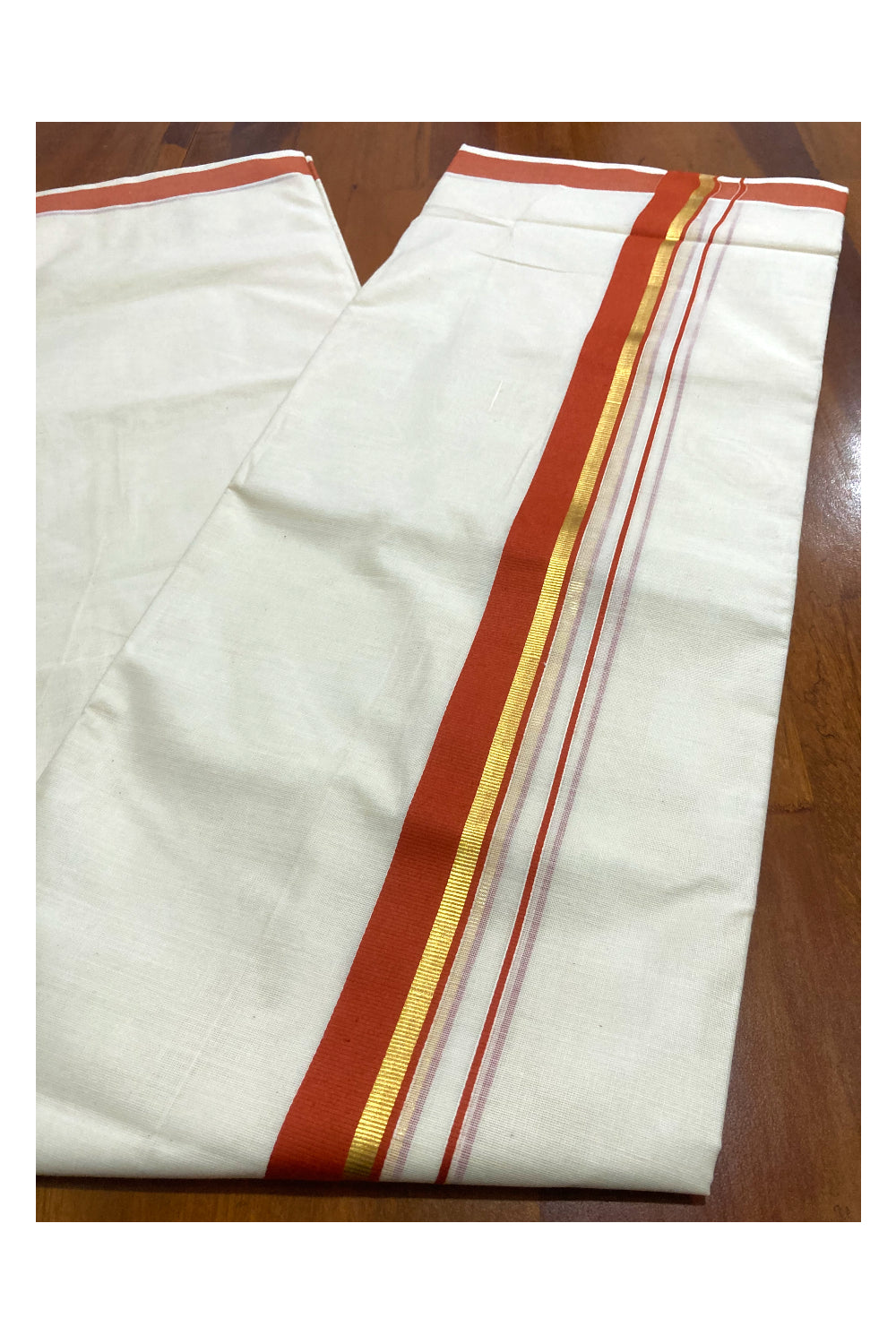 Pure Cotton Double Mundu with Orange and Kasavu Border (South Indian Dhoti)