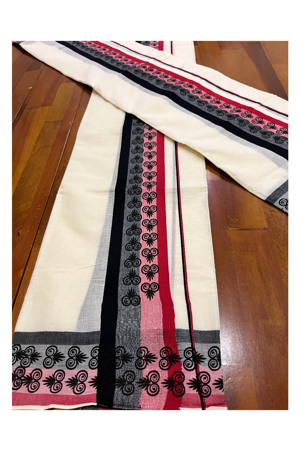 Kerala Cotton Single Set Mundu (Mundum Neriyathum Vishu 2023) with Black Block Prints on Red Black Border