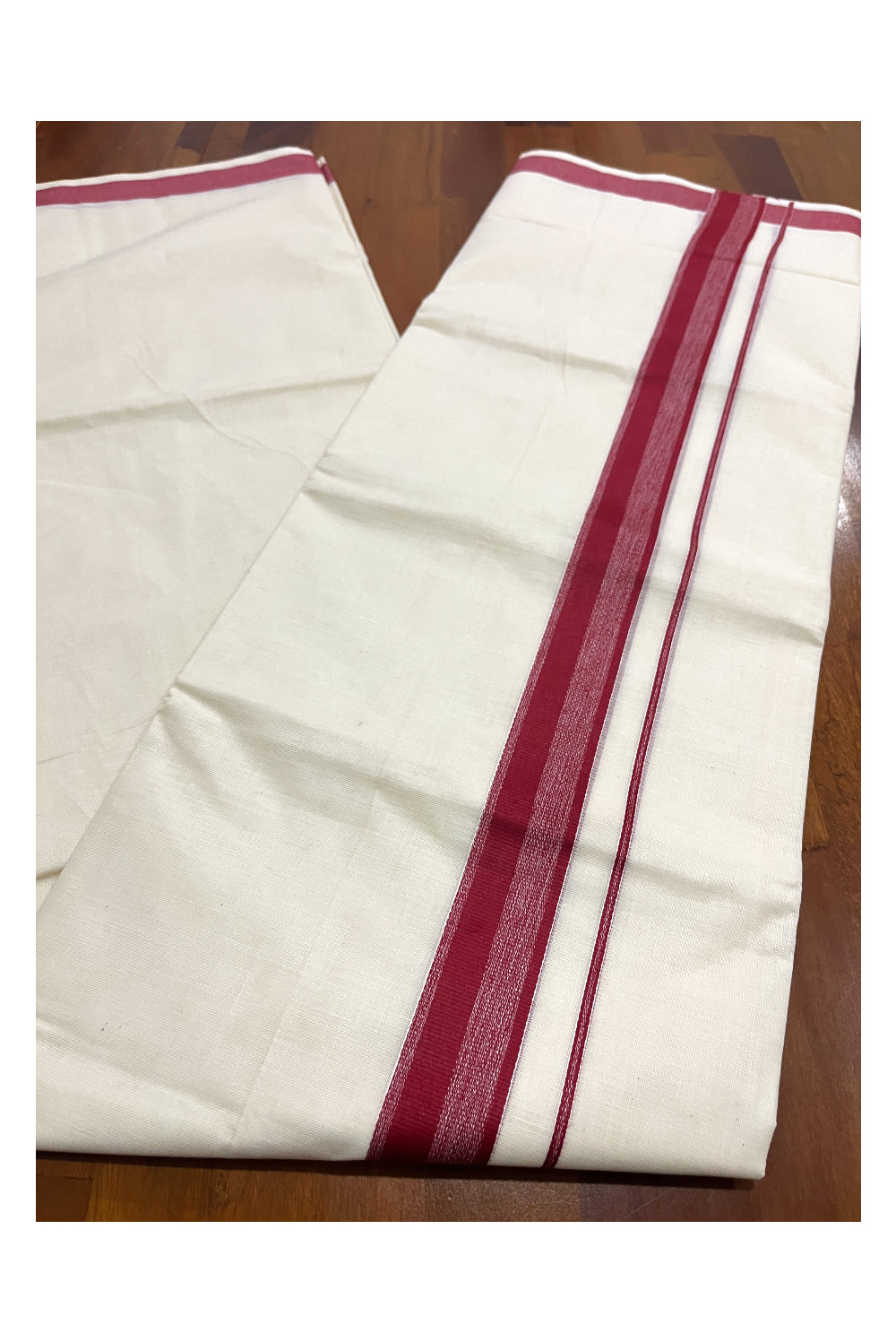 Pure Cotton Double Mundu with Red Kara (South Indian Kerala Dhoti)