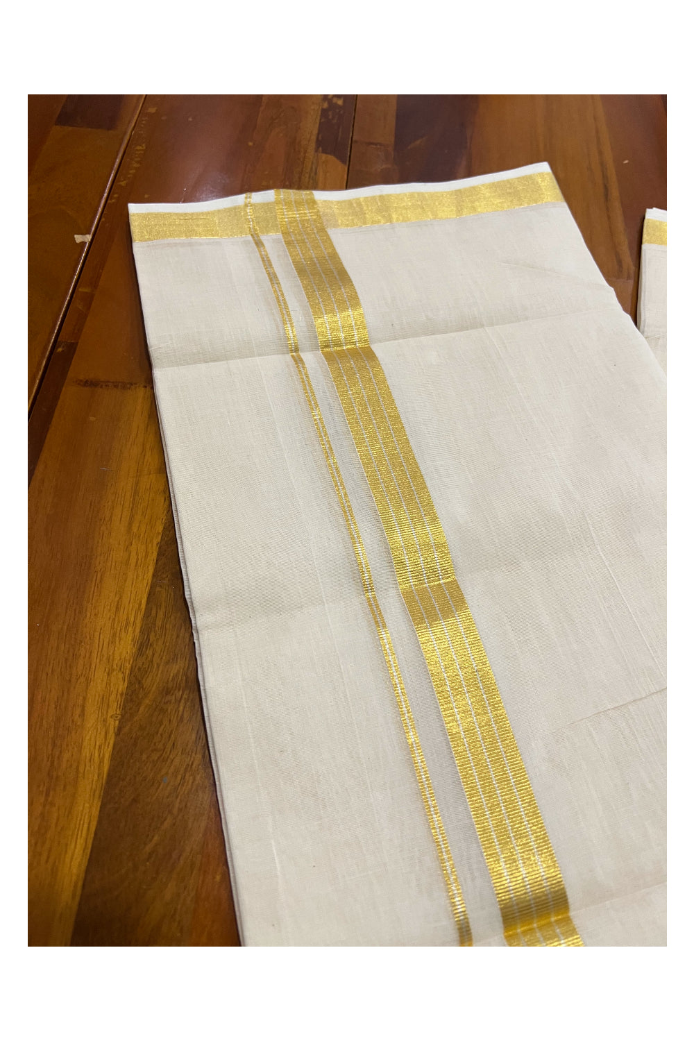 Southloom Super Premium Unakkupaavu Handloom Double Mundu with Silver Lines on Golden Kasavu Border