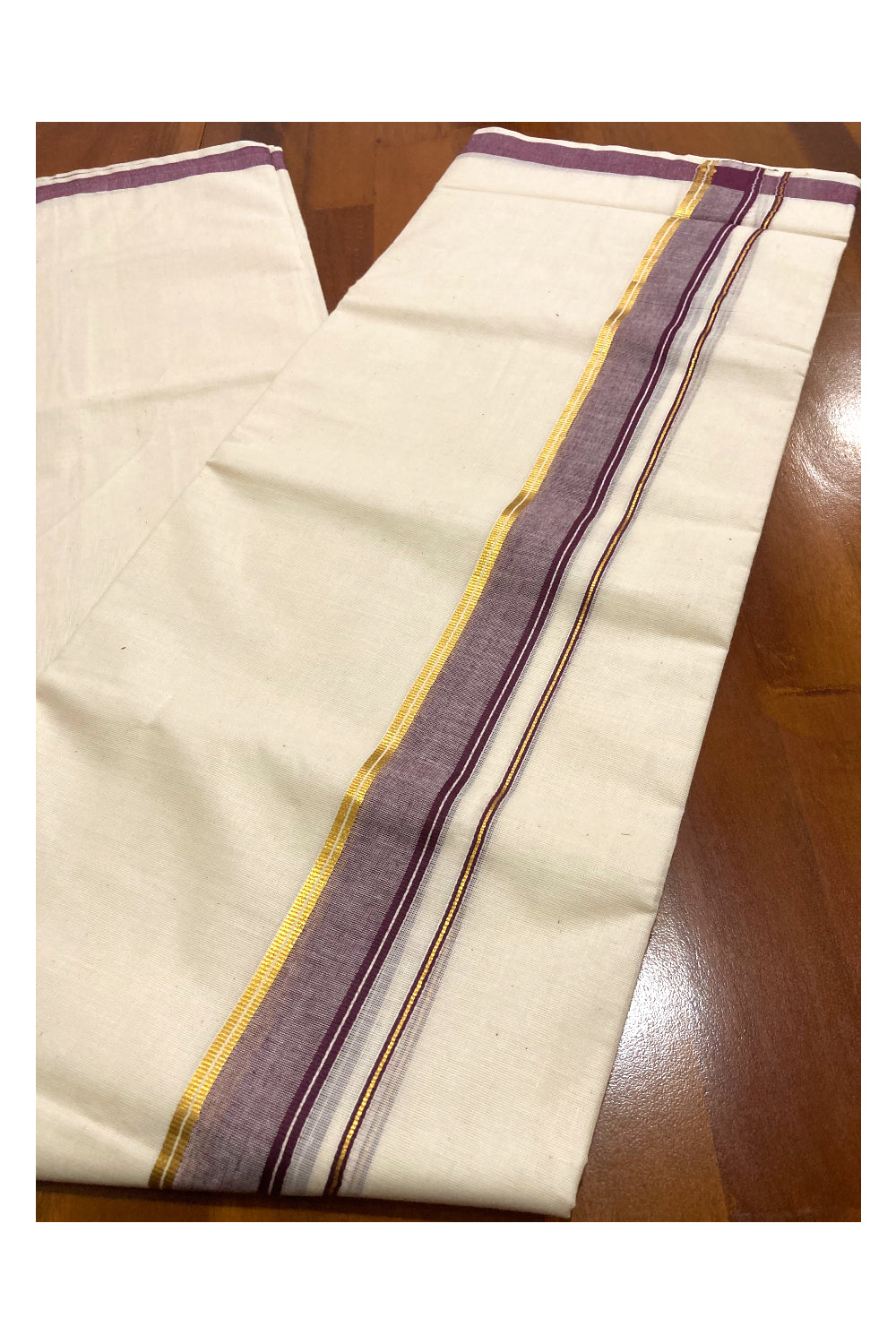 Off White Pure Cotton Double Mundu with Kasavu and Purple Border (South Indian Dhoti)