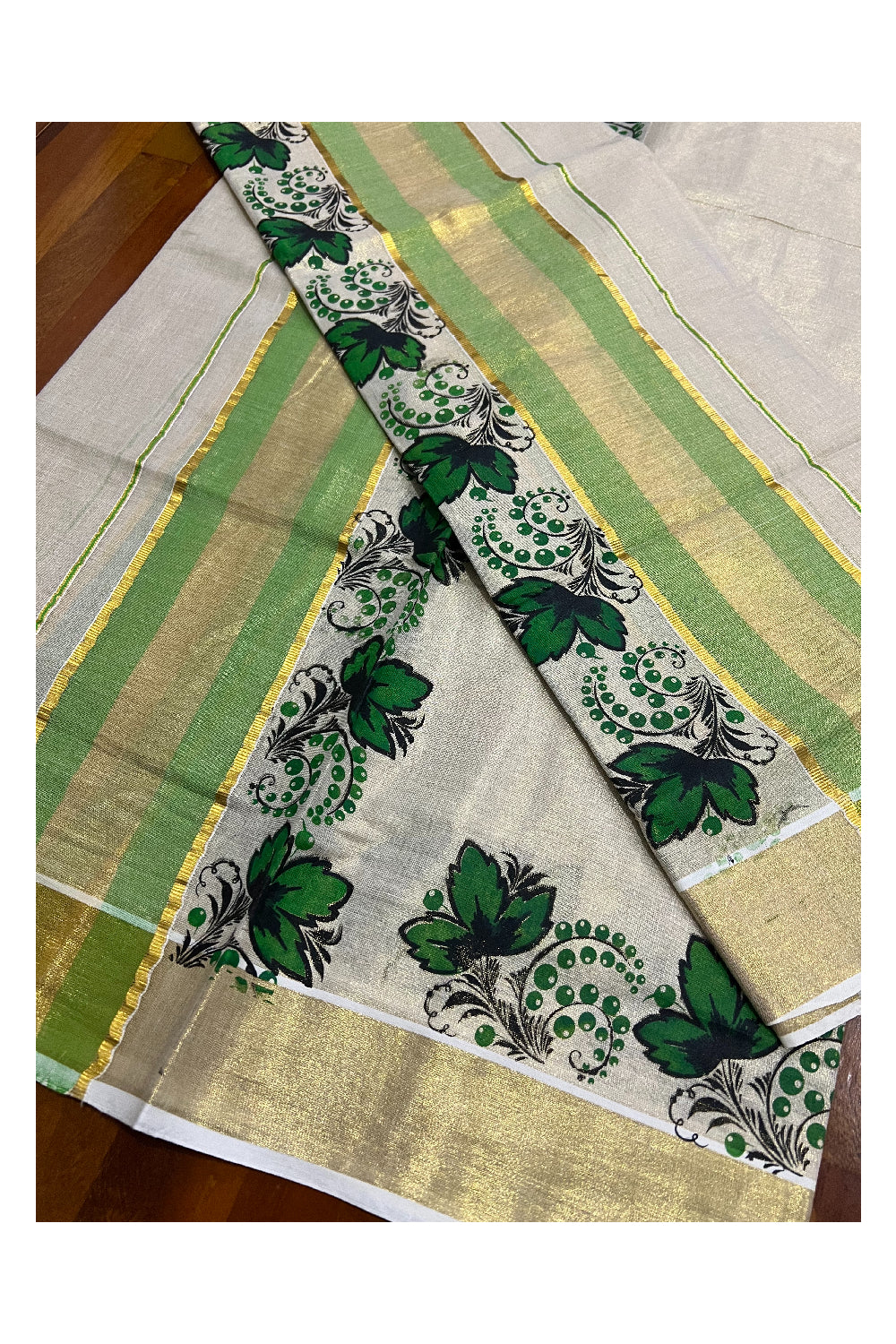 Kerala Tissue Kasavu Set Mundu (Mundum Neriyathum) with Green Floral Block Prints on Border 2.80 Mtrs