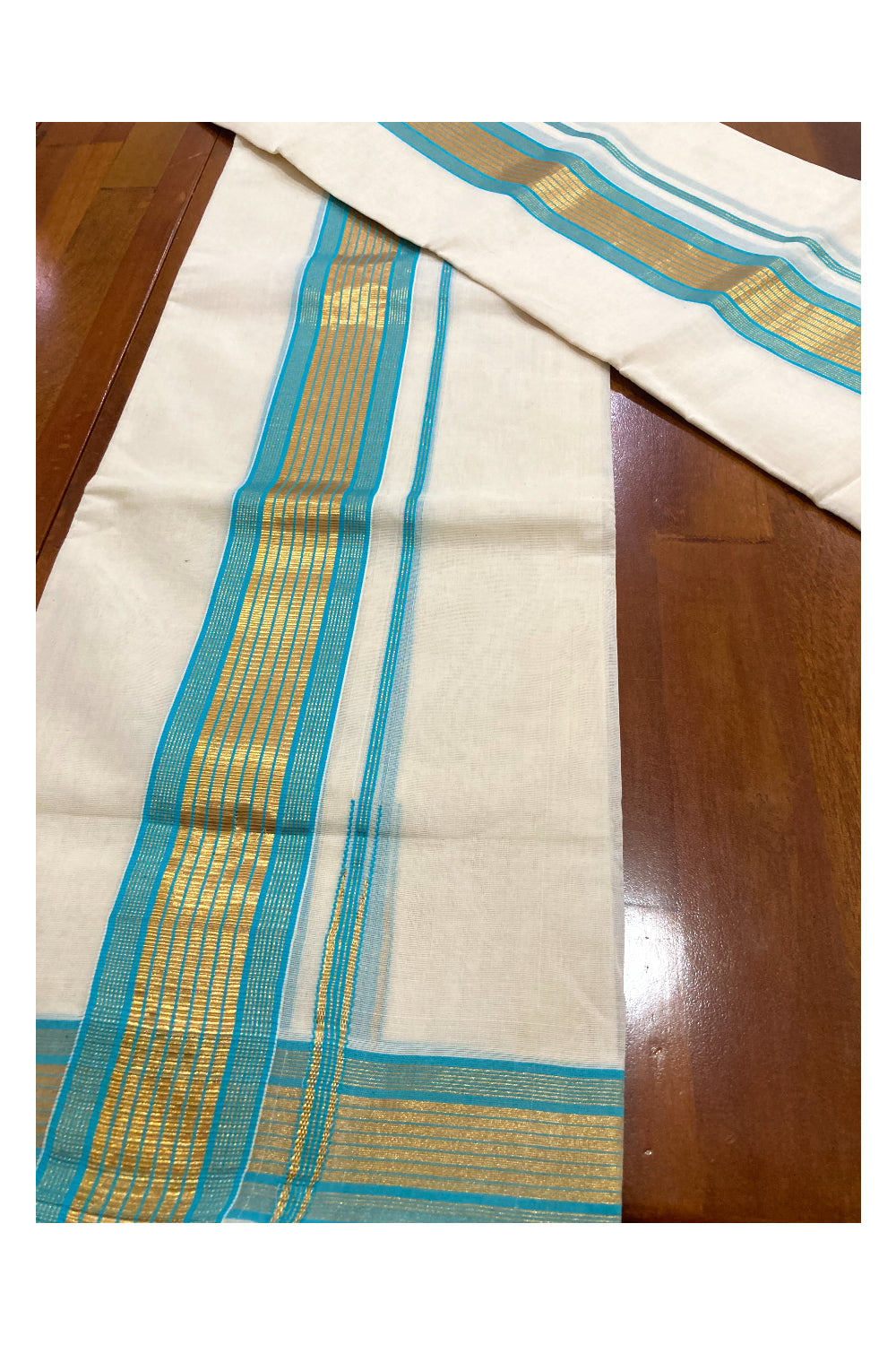 Southloom Premium Handloom Set Mundu with Kasavu and Turquoise Border 2.80 Mtrs