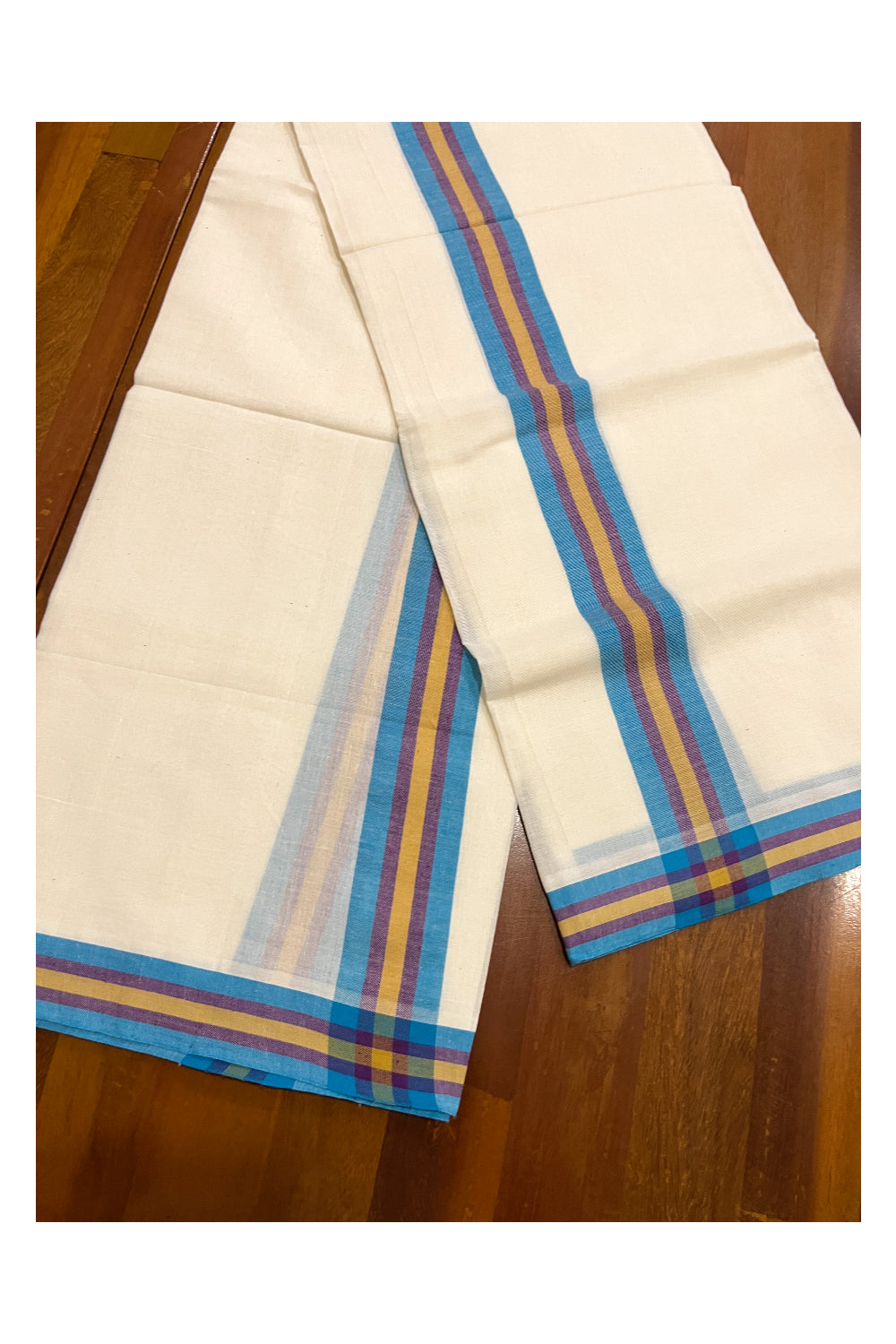 Kerala Cotton Mulloth Mundum Neriyathum Single (Set Mundu) with Blue and Yellow Border (Extra Soft Cotton)