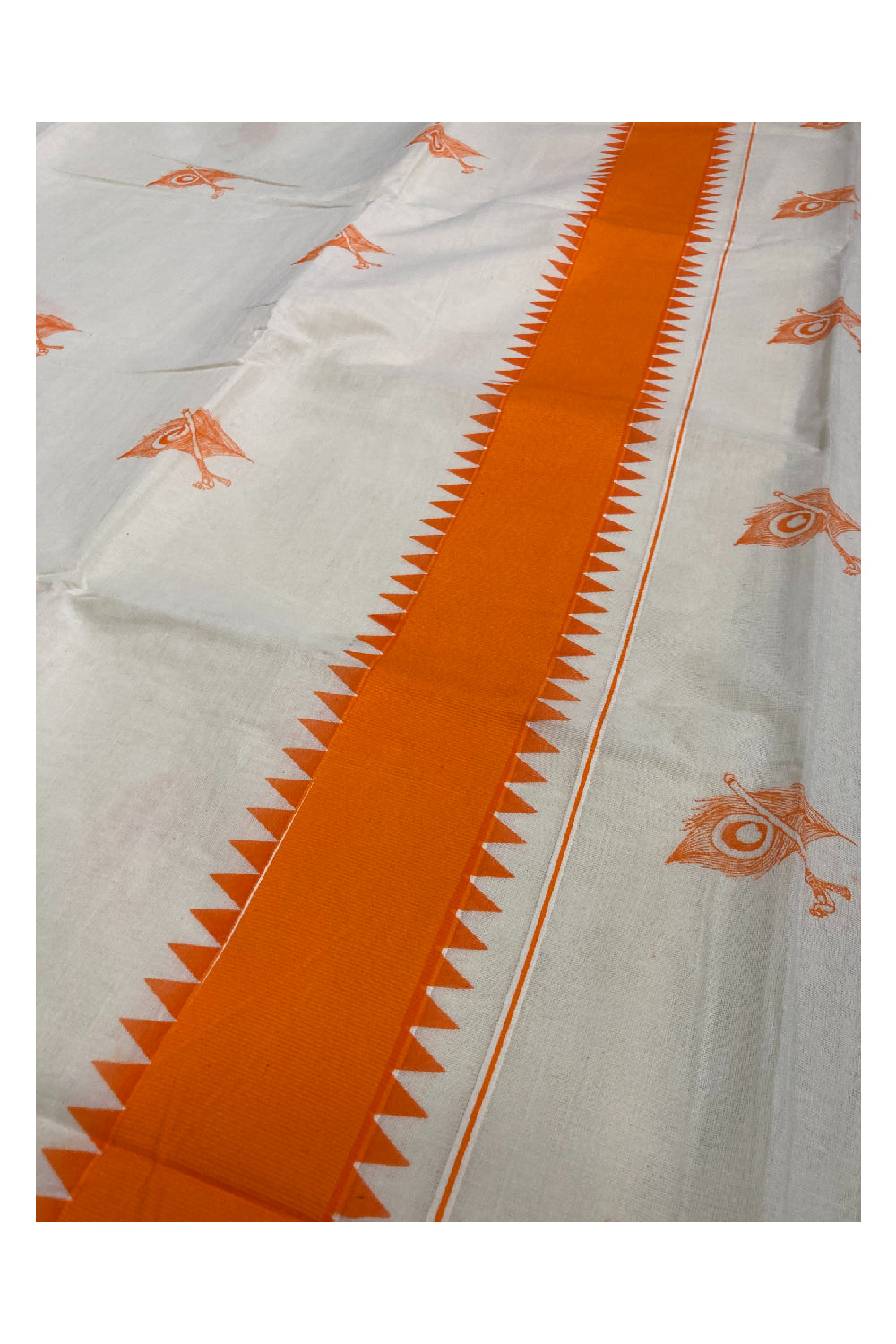Pure Cotton Kerala Saree with Orange Peacock Feather Block Print Temple Border