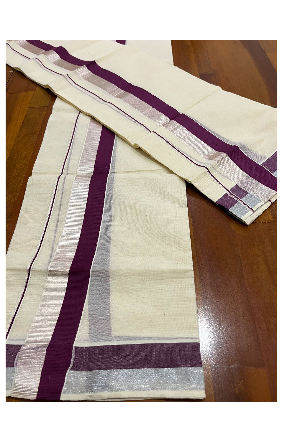 Pure Cotton Kerala Single Set Mundu (Mundum Neriyathum) with Purple and Silver Kasavu Border 2.80 Mtrs