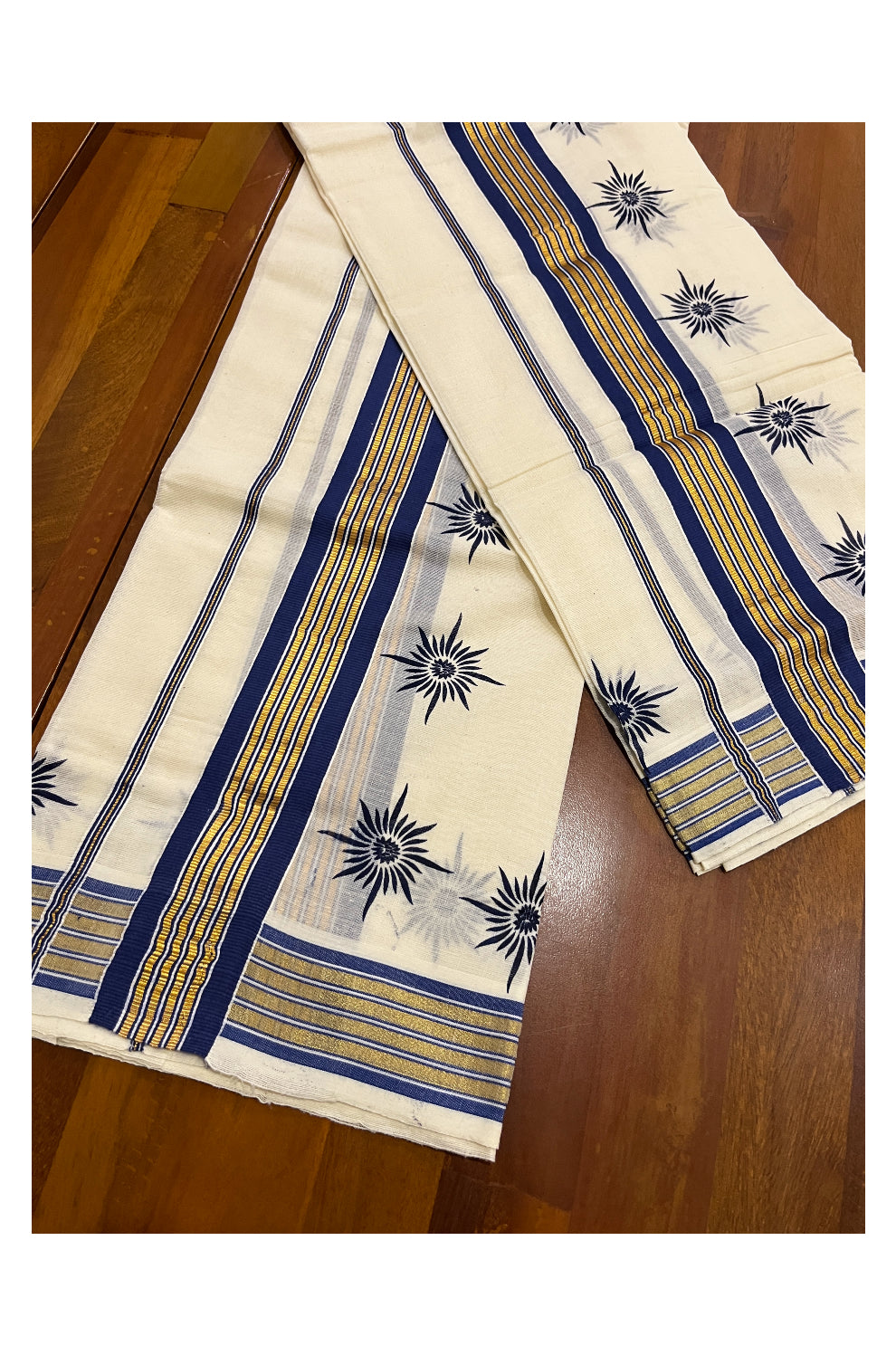 Pure Cotton Kasavu Single Set Mundu (Mundum Neriyathum Vishu 2023) with Blue Block Prints