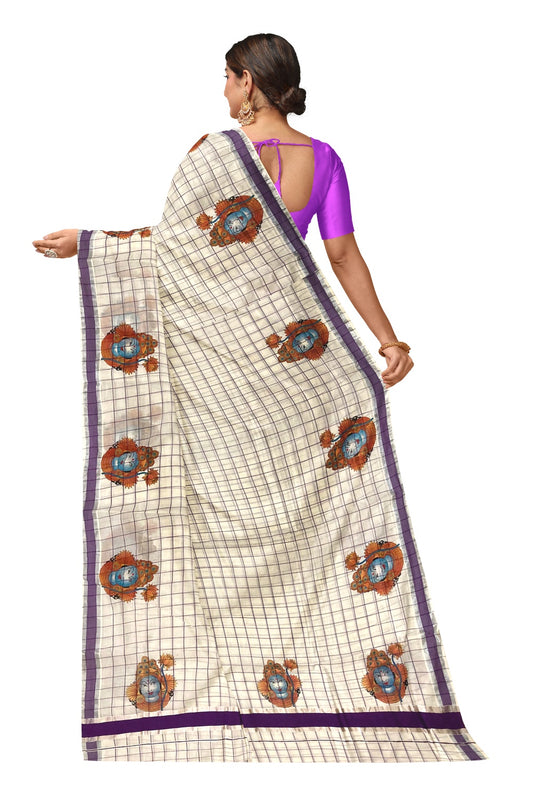 Pure Cotton Violet Check Design Kerala Saree with Krishna Mural Prints and Silver Border