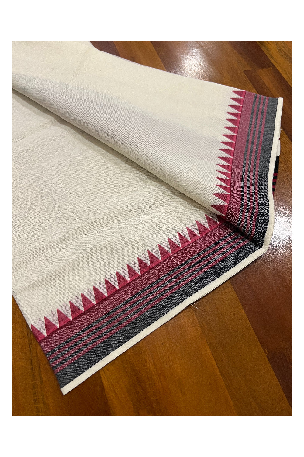 Pure Cotton Set Mundu (Mundum Neriyathum) with Maroon and Black Temple Block Prints on Border