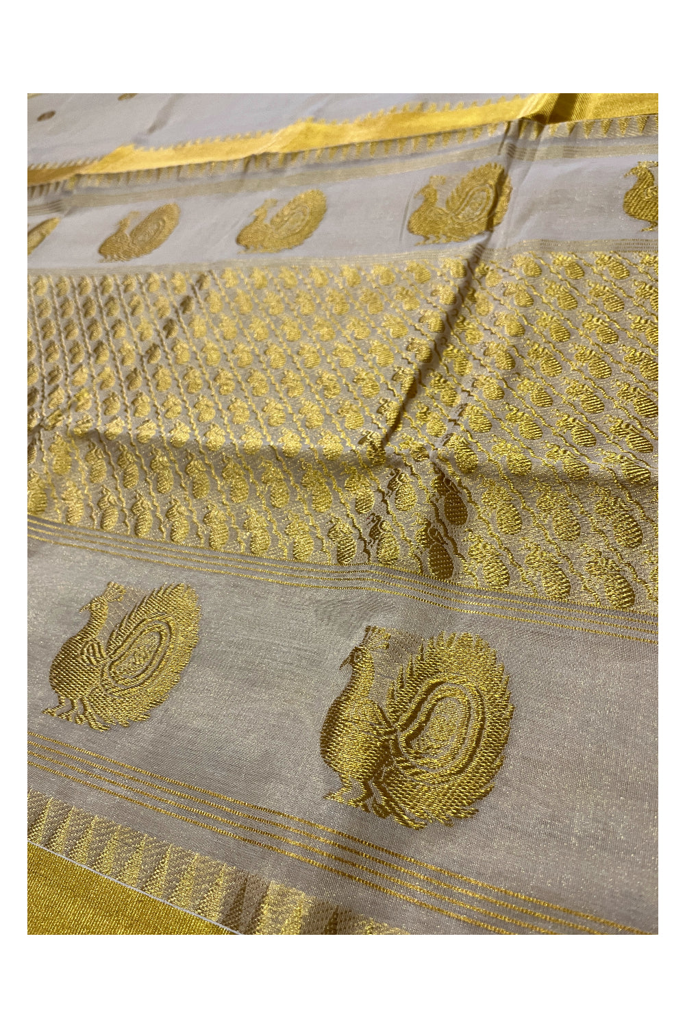 Southloom Premium Handloom Tissue Kasavu Saree with Heavy Woven Works