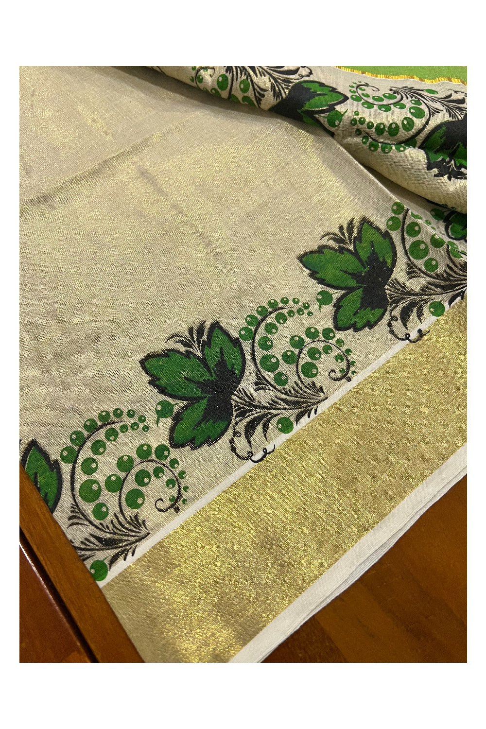 Kerala Tissue Kasavu Set Mundu (Mundum Neriyathum) with Green Floral Block Prints on Border 2.80 Mtrs