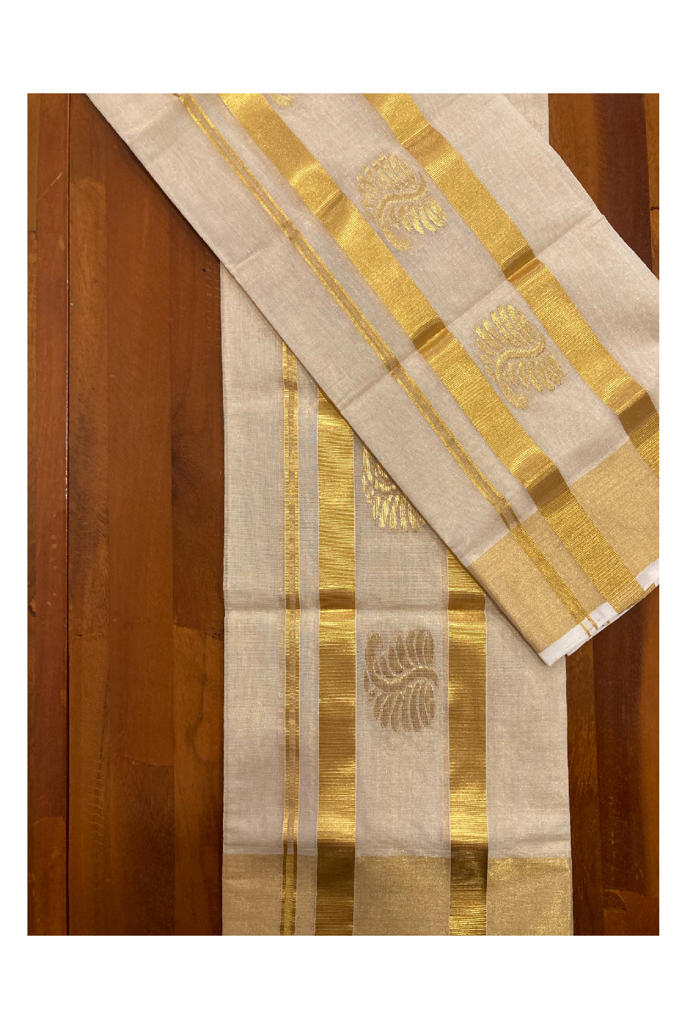 Southloom Handloom Tissue Kasavu Premium Set Mundu with Handwoven Butta Work Across Kara (2.80 m)
