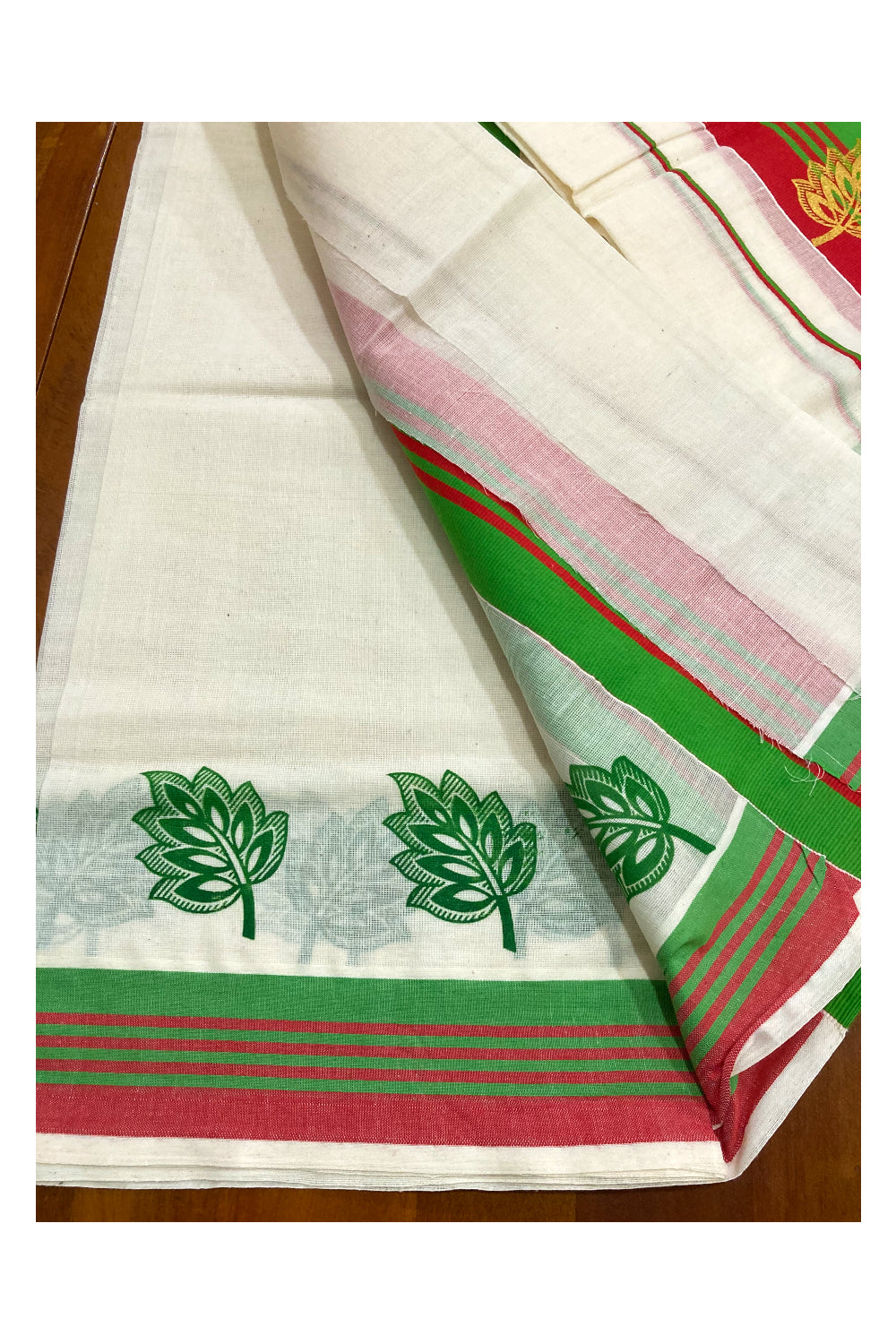 Cotton Set Mundu (Mundum Neriyathum) with Golden Block Prints on Green and Red Border