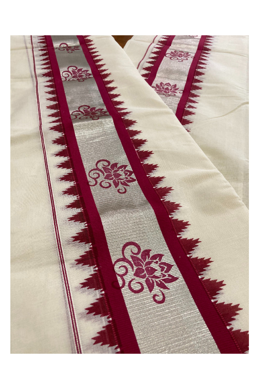 Single Set Mundu in Silver and Maroon Kara with Hand Block Prints (2.80 m)