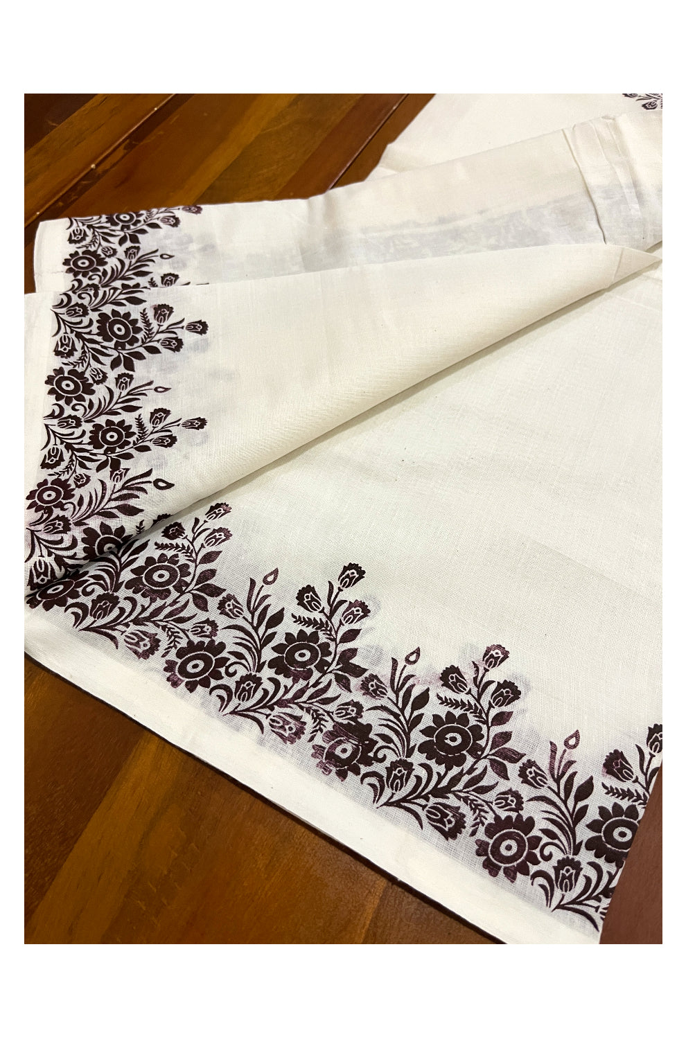 Kerala Cotton Set Mundu (Mundum Neriyathum) with Brown Floral Block Prints on Border 2.80 Mtrs