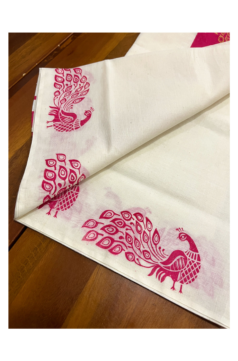 Kerala Cotton Set Mundu (Mundum Neriyathum) with Golden Peacock Block Prints on Magenta Border 2.80 Mtrs