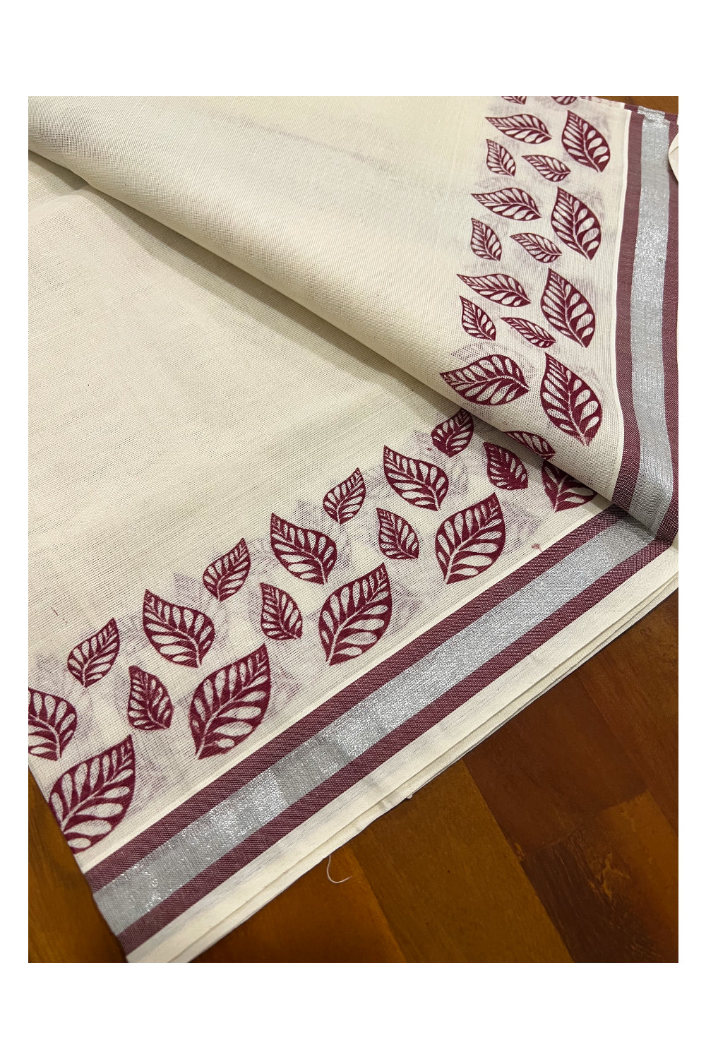 Cotton Silver Kasavu Set Mundu (Mundum Neriyathum) with Maroon Leaf Block Prints on Border