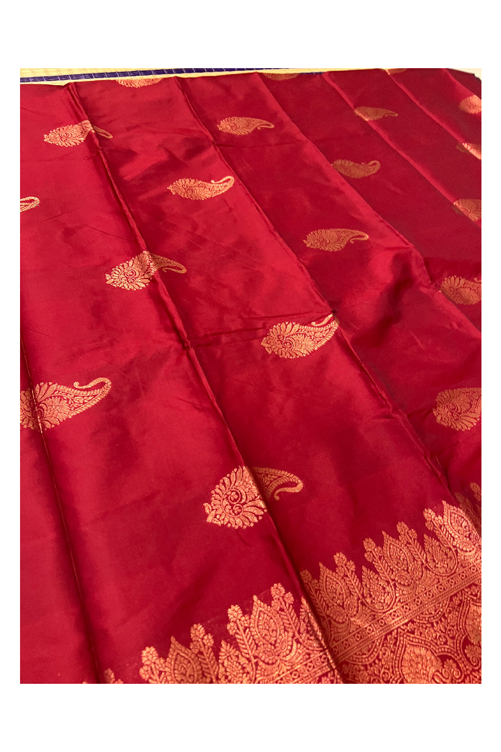 Southloom Red Semi Silk Designer Saree with Copper Kasavu Woven Works on Body