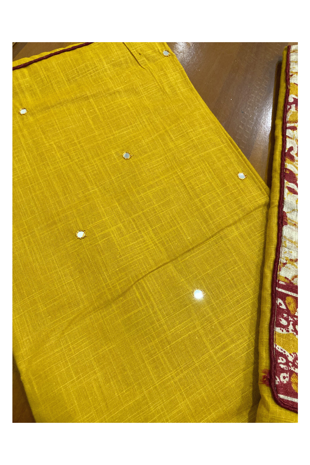 Southloom™ Cotton Churidar Salwar Suit Material in Yellow and Printed Mirror Work on Yoke Portion