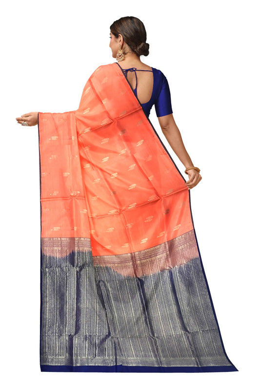 Southloom Handloom Pure Silk Kanchipuram Saree with Peach Body and Navy Blue Blouse Piece