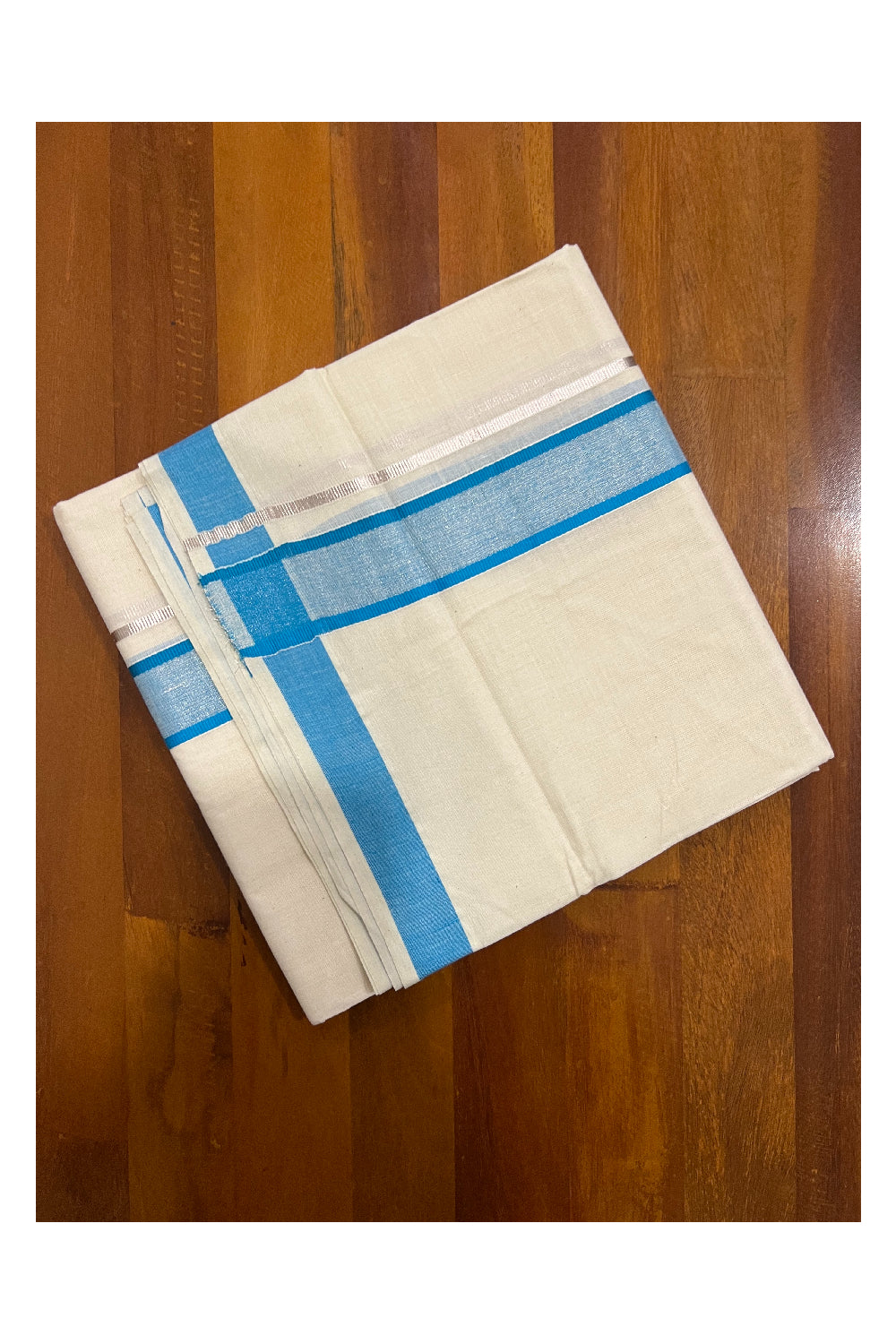 Pure Cotton Off White Double Mundu with Silver Kasavu and Light Blue Border (South Indian Dhoti)