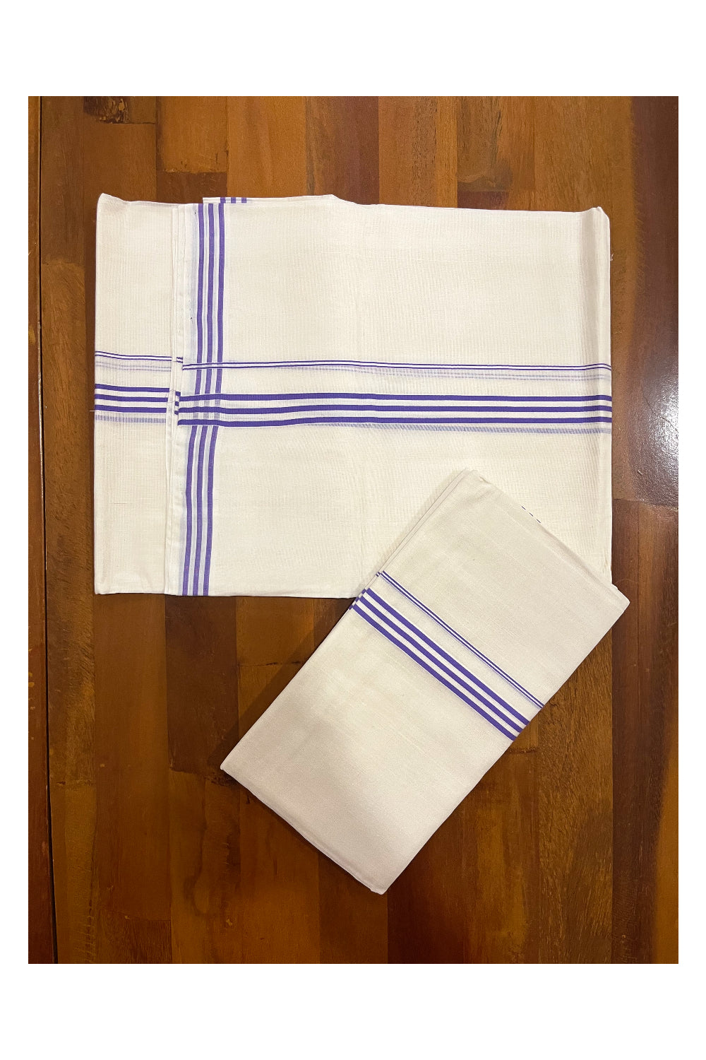 Southloom Premium Handloom Single Set Mundu (Mundum Neriyathum) with Violet Lines Border