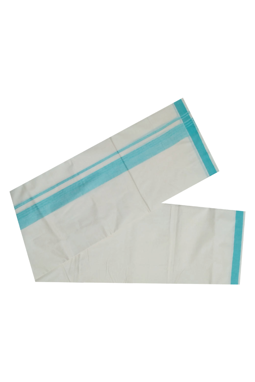 Off White Pure Cotton Mundu with Turquoise Border (South Indian Dhoti)