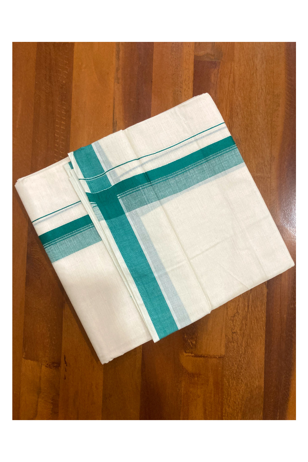 Off White Pure Cotton Double Mundu with Green Border (South Indian Dhoti)