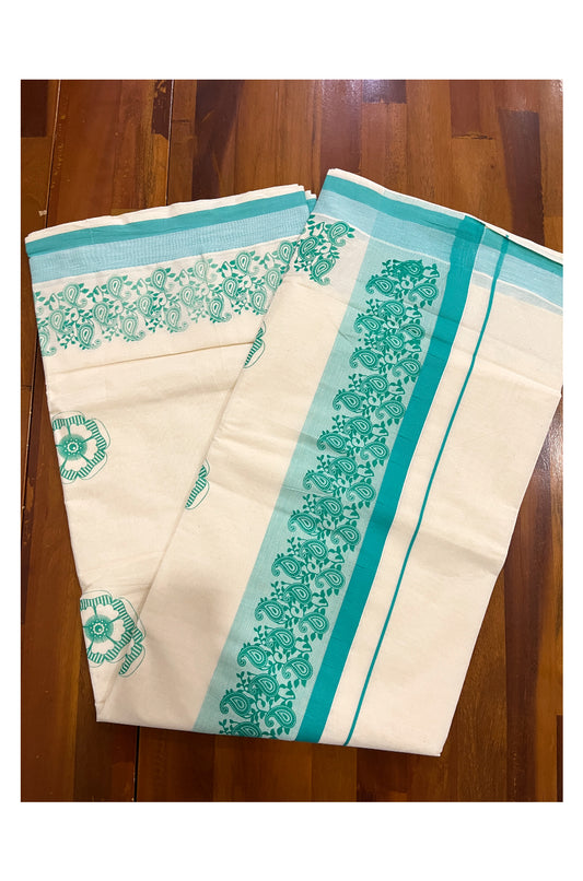 Pure Cotton Off White Kerala Saree with Turquoise Paisley Block Prints on Border