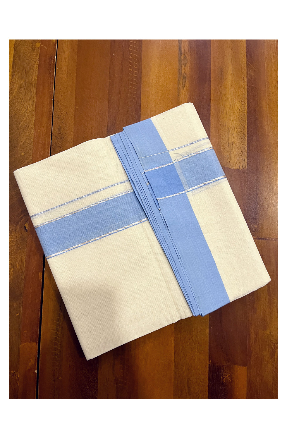 Pure Cotton Off White 100x100 Double Mundu with Silver Kasavu and Blue Border (South Indian Kerala Dhoti)