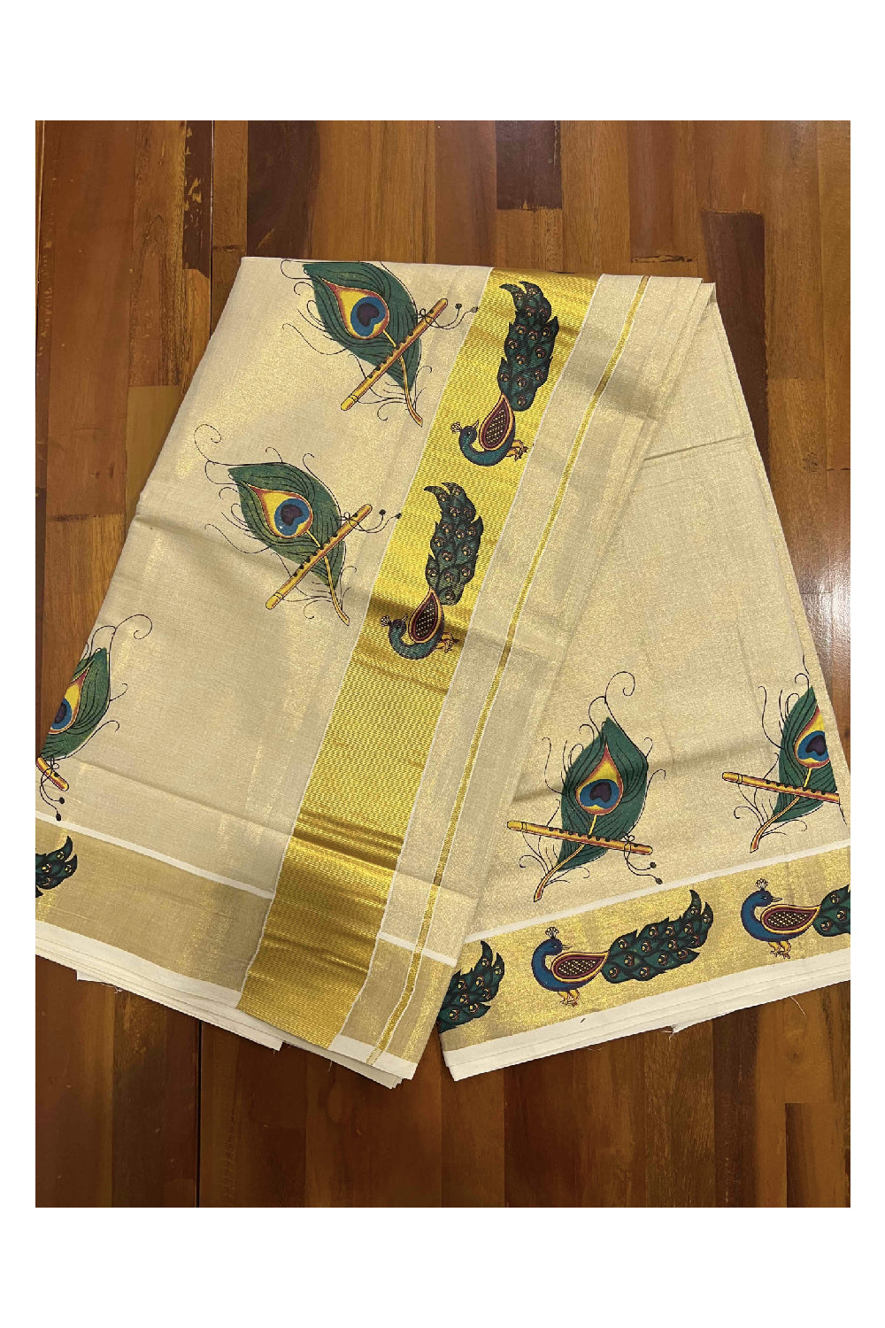 Kerala Tissue Kasavu Saree With Mural Peacock Feather Design on Pallu and Border