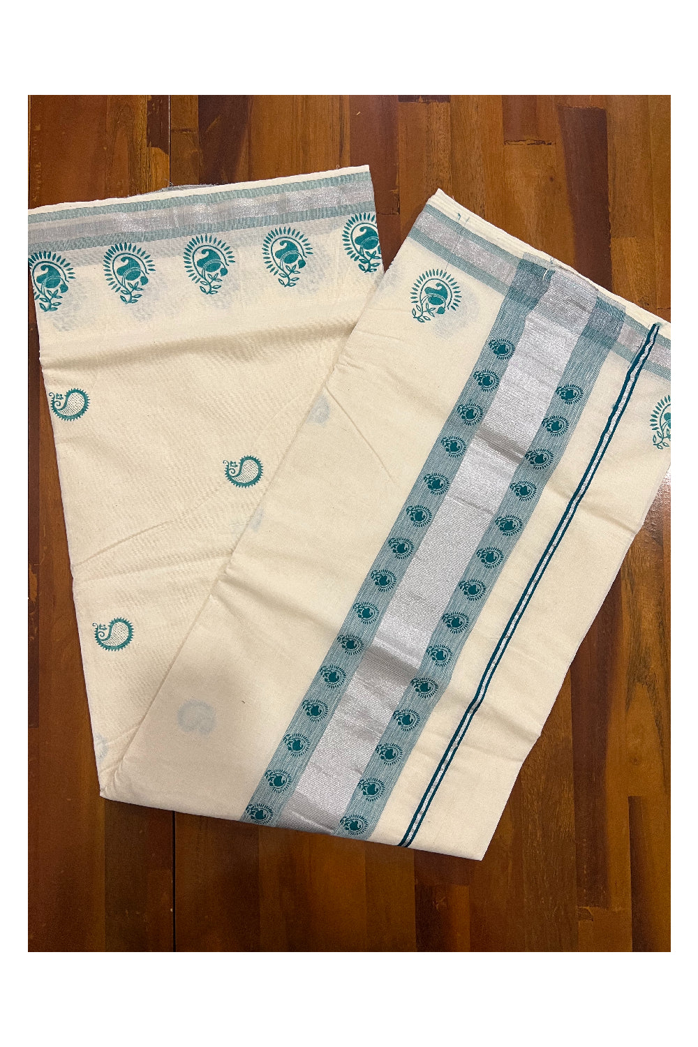 Pure Cotton Kerala Saree with Green Paisley Block Prints on SIlver Kasavu Border