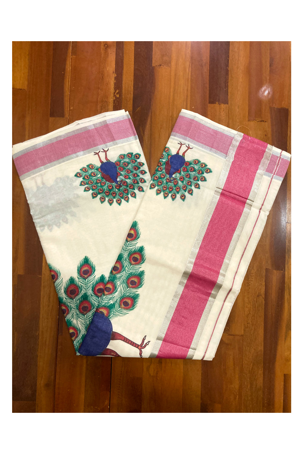 Pure Cotton Kerala Saree with Peacock Mural Prints and Silver Pink Border