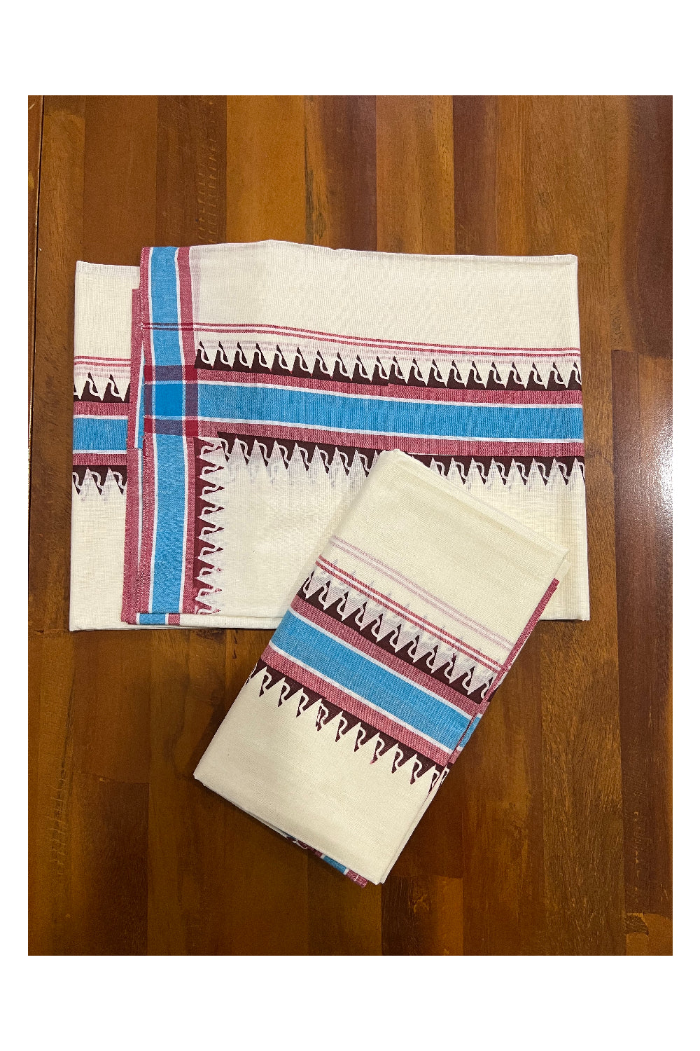 Kerala Cotton Mulloth Mundum Neriyathum Single (Set Mundu) with Dark Maroon Temple Block Prints and Blue Border (Extra Soft Cotton)