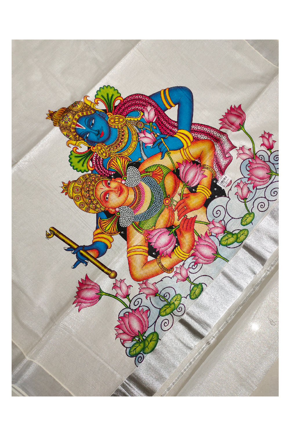 Kerala Silver Tissue Kasavu Saree with Mural Printed Krishna Radha Lotus Design