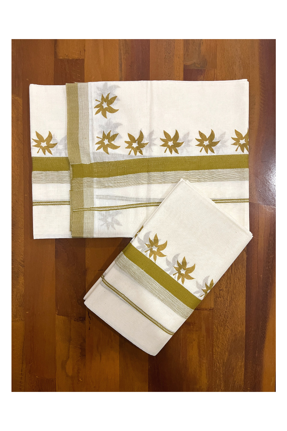 Kerala Cotton Single Set Mundu (Mundum Neriyathum) with Brown Floral Block Prints on Border