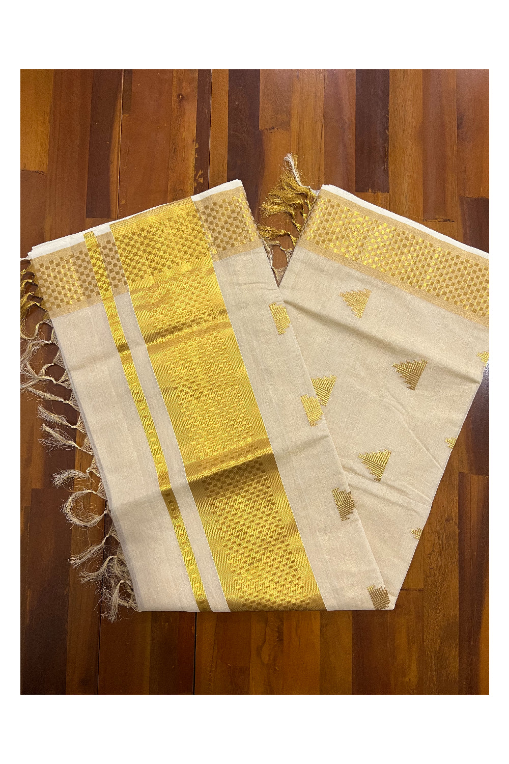 Southloom Premium Handloom Tissue Kasavu Saree with Paa Neythu Woven Border and Temple Works on Body