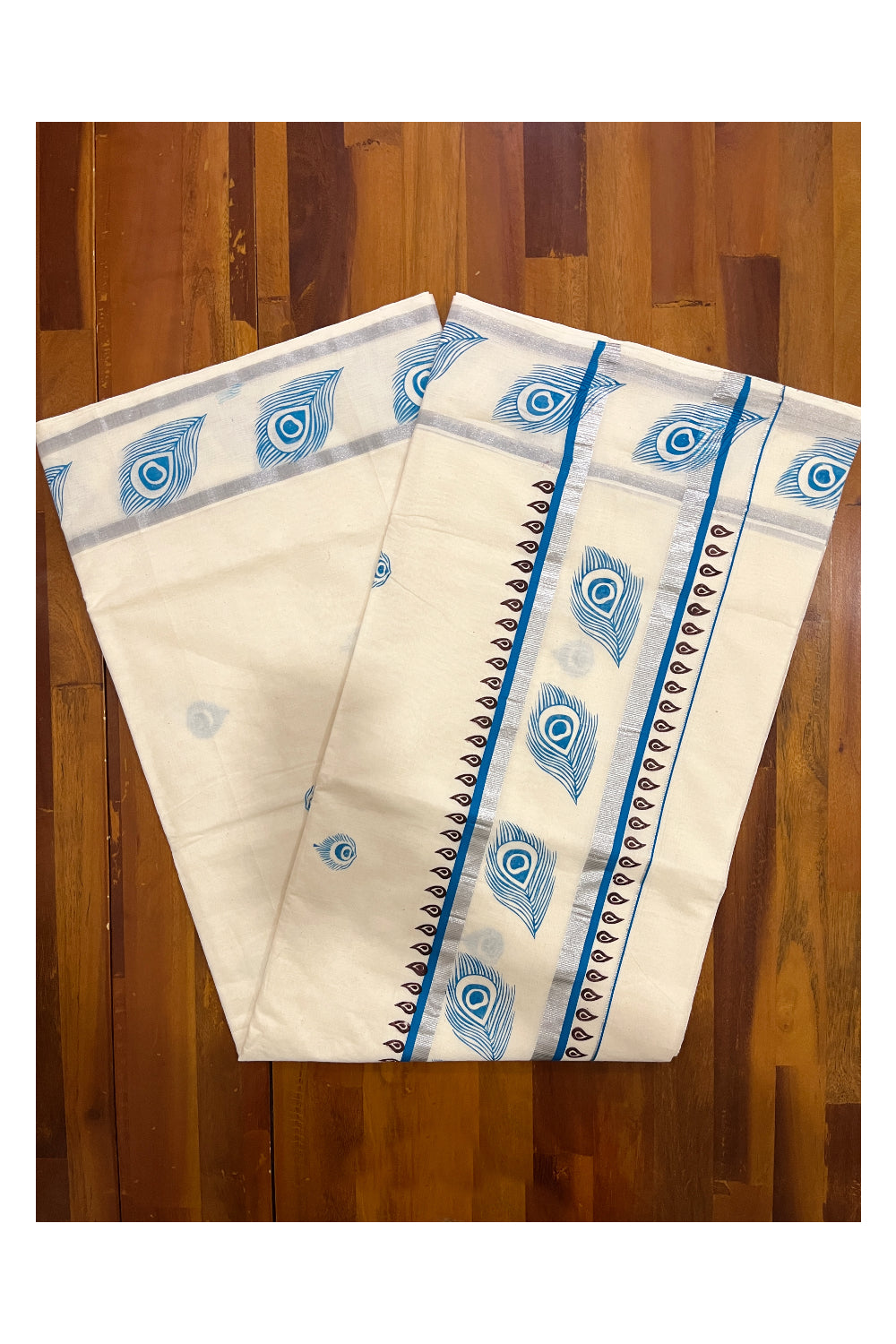 Pure Cotton Off White Kerala Saree with Blue Block Prints in Silver Border (Vishu Saree 2023)