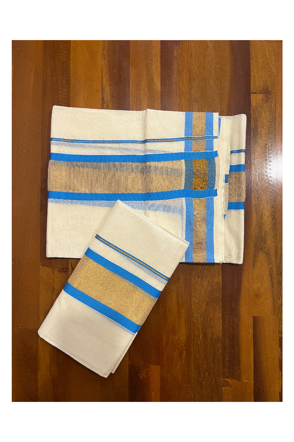 Kerala Cotton Set Mundu (Mundum Neriyathum) with Kasavu and Light Blue Border