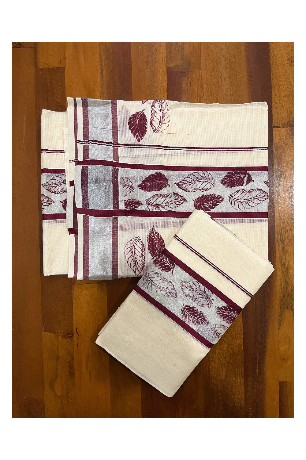 Pure Cotton SIlver Kasavu Single Set Mundu (Mundum Neriyathum ) with Maroon Block Prints