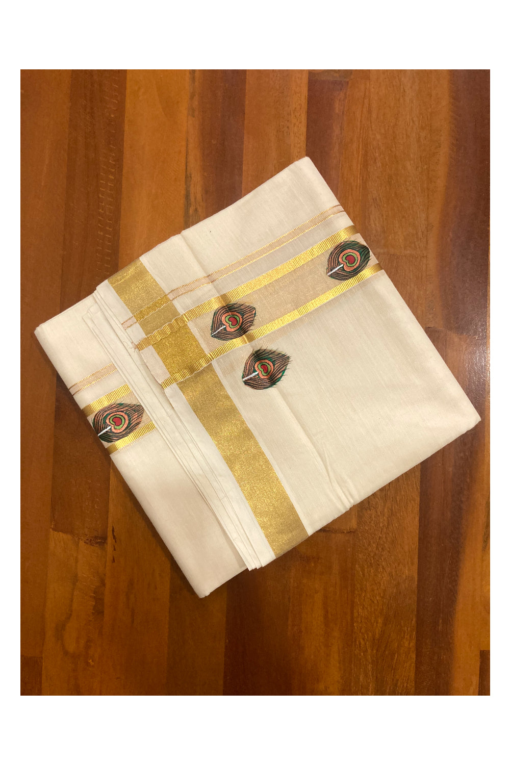 Off White Pure Cotton Double Mundu with Mural Prints on Kasavu Kara (South Indian Dhoti)