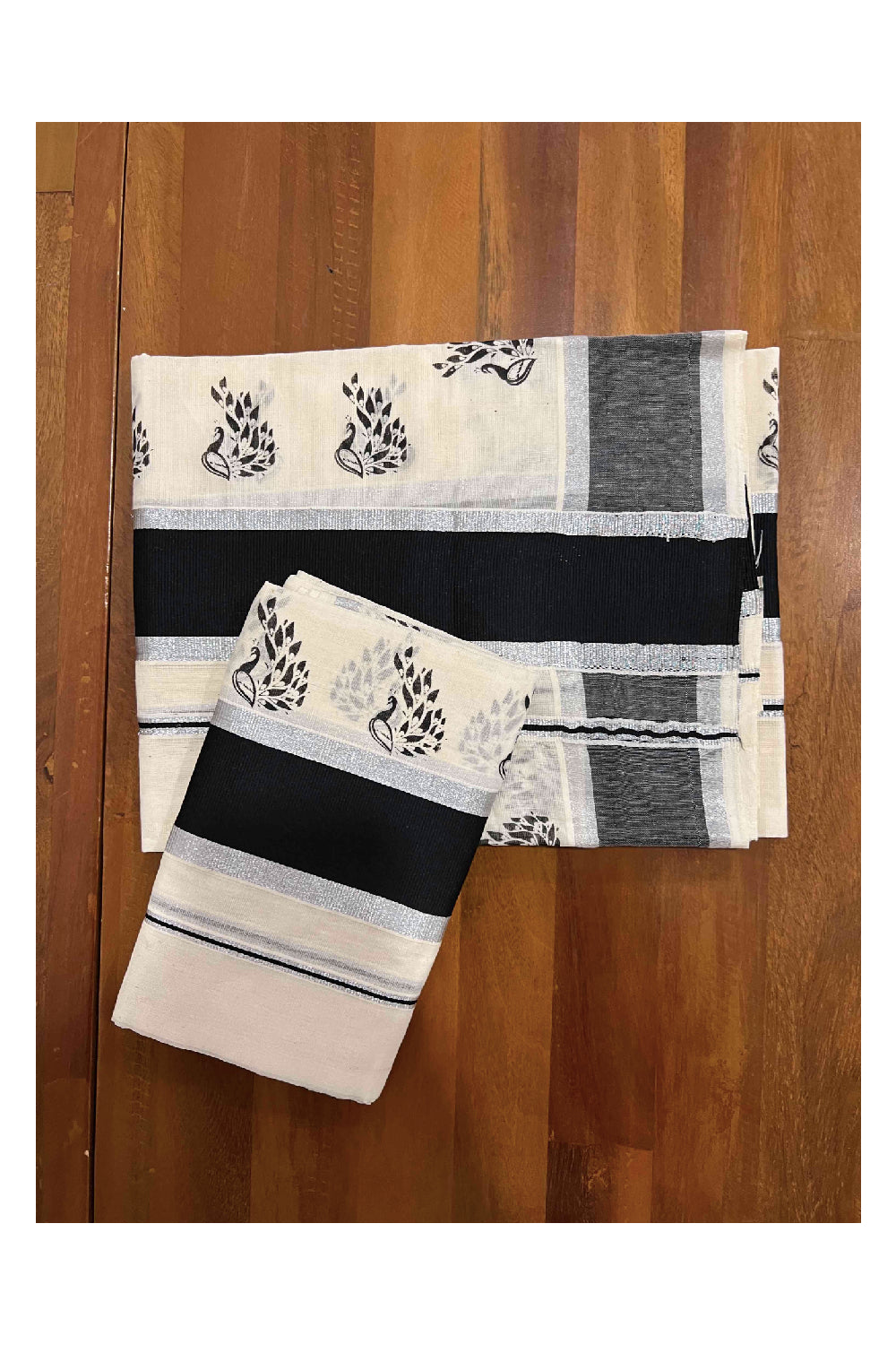 Kerala Cotton Set Mundu (Mundum Neriyathum) with Silver and Black Block Printed Border