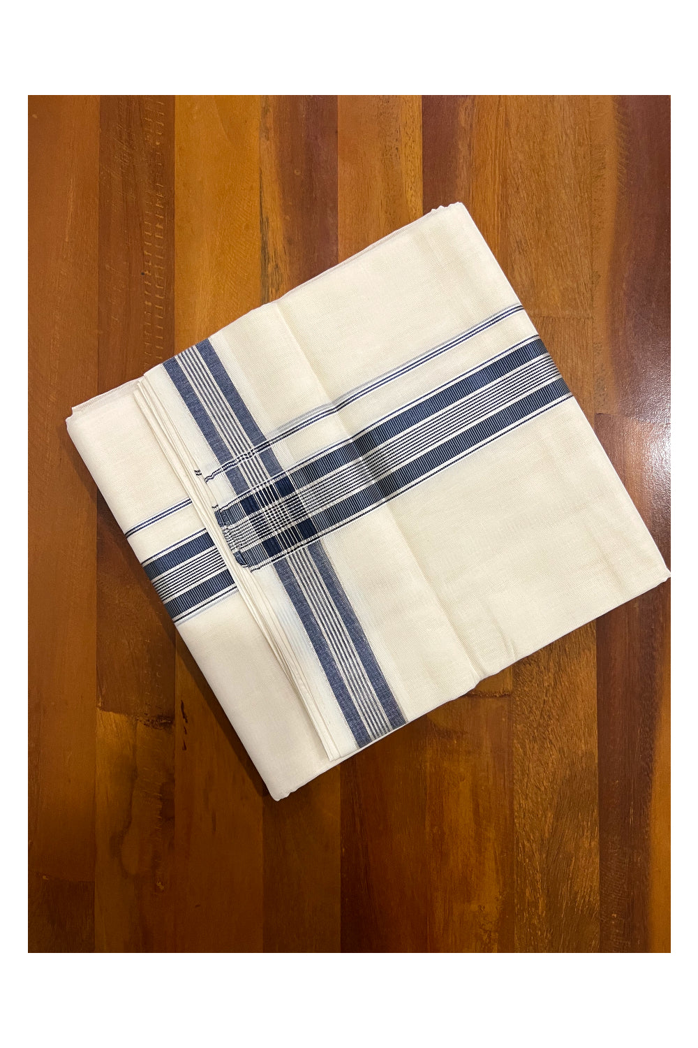 Southloom Premium Handloom Pure Cotton Mundu with Silver and Navy Blue Kasavu Designer Border (South Indian Dhoti)