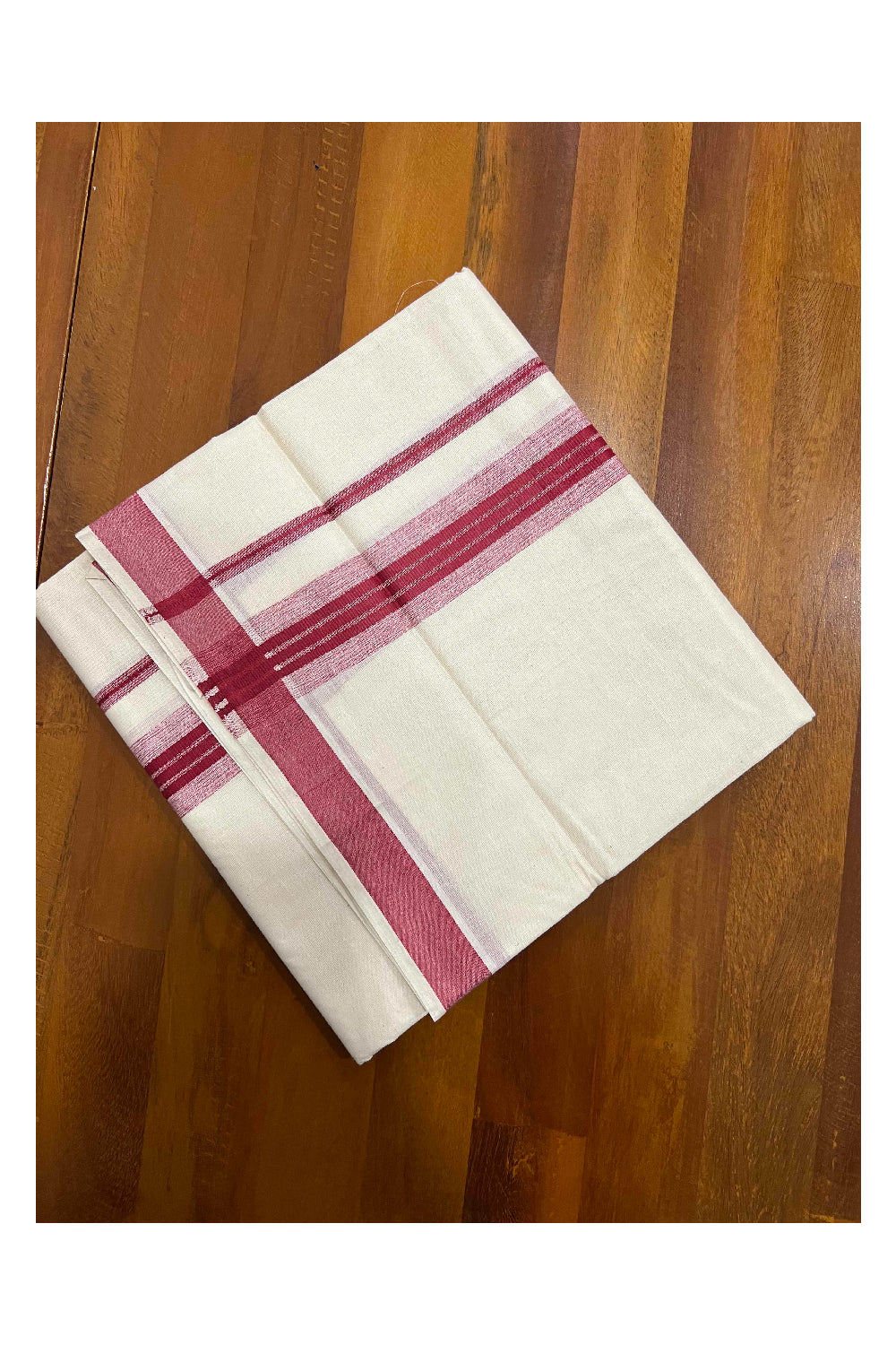 Off White Kerala Double Mundu with Maroon Line Border (South Indian Dhoti)