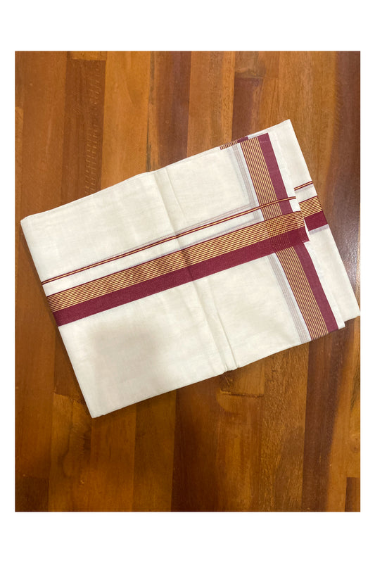 Southloom Premium Handloom Pure Cotton Mundu with Dark Red and Kasavu Border (South Indian Dhoti)