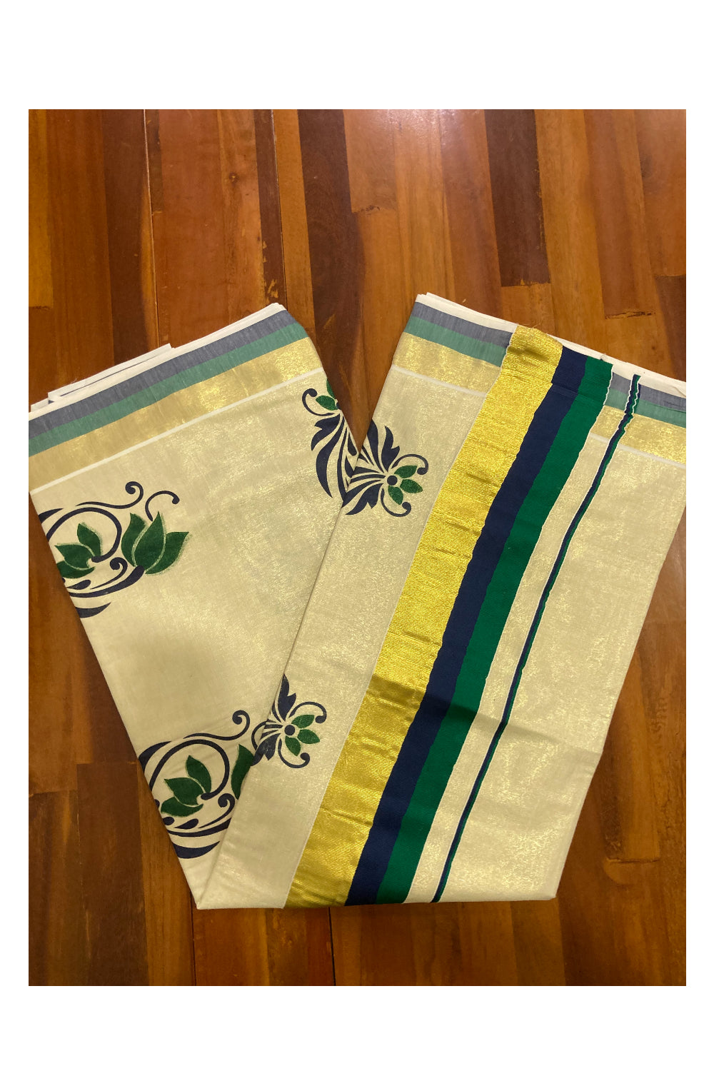 Kerala Tissue Kasavu Saree With Mural Floral Printed Design and Green Blue Border