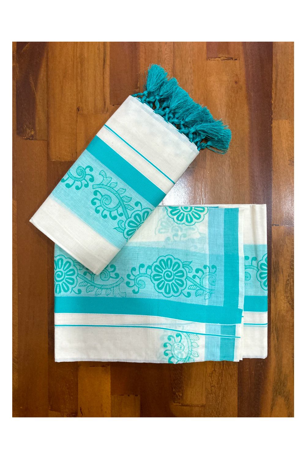 Kerala Cotton Mundum Neriyathum Single (Set Mundu) with Turquoise Floral Block Print Border and Tassels Work