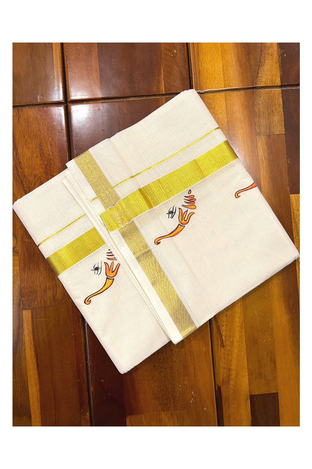 Pure Cotton Kasavu Mundu with Mural Hand Painted Design (South Indian Dhoti)