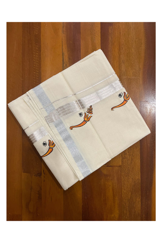 Off White Pure Cotton Double Mundu with Mural Painted Design on Silver Kasavu Kara (South Indian Dhoti)