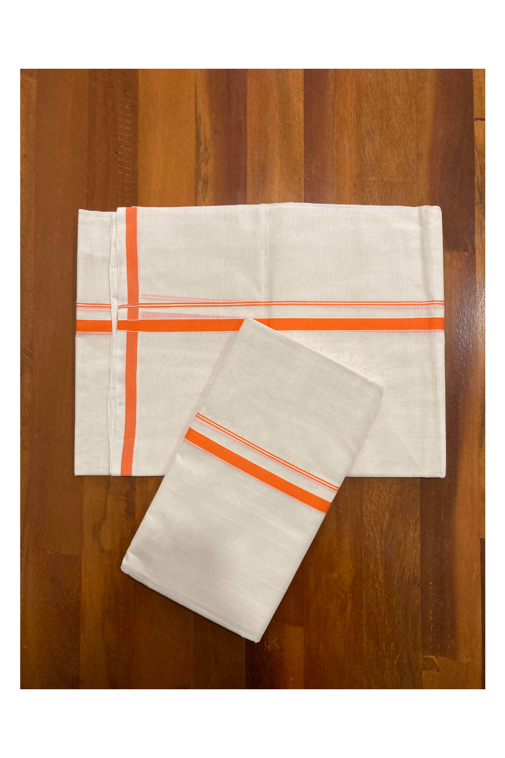 Southloom™ Premium Handloom Mundum Neriyathum (Set Mundu) with 0.5 inch Orange Border (Weaver: Jaya)